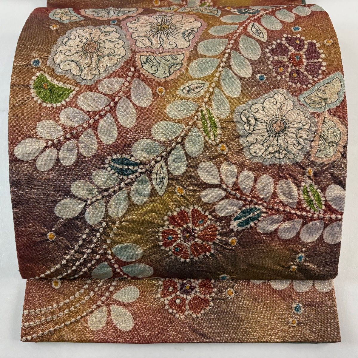 美品】 袋帯 名品 落款 辻が花 金糸 箔 茶色 お太鼓柄 正絹 【中古
