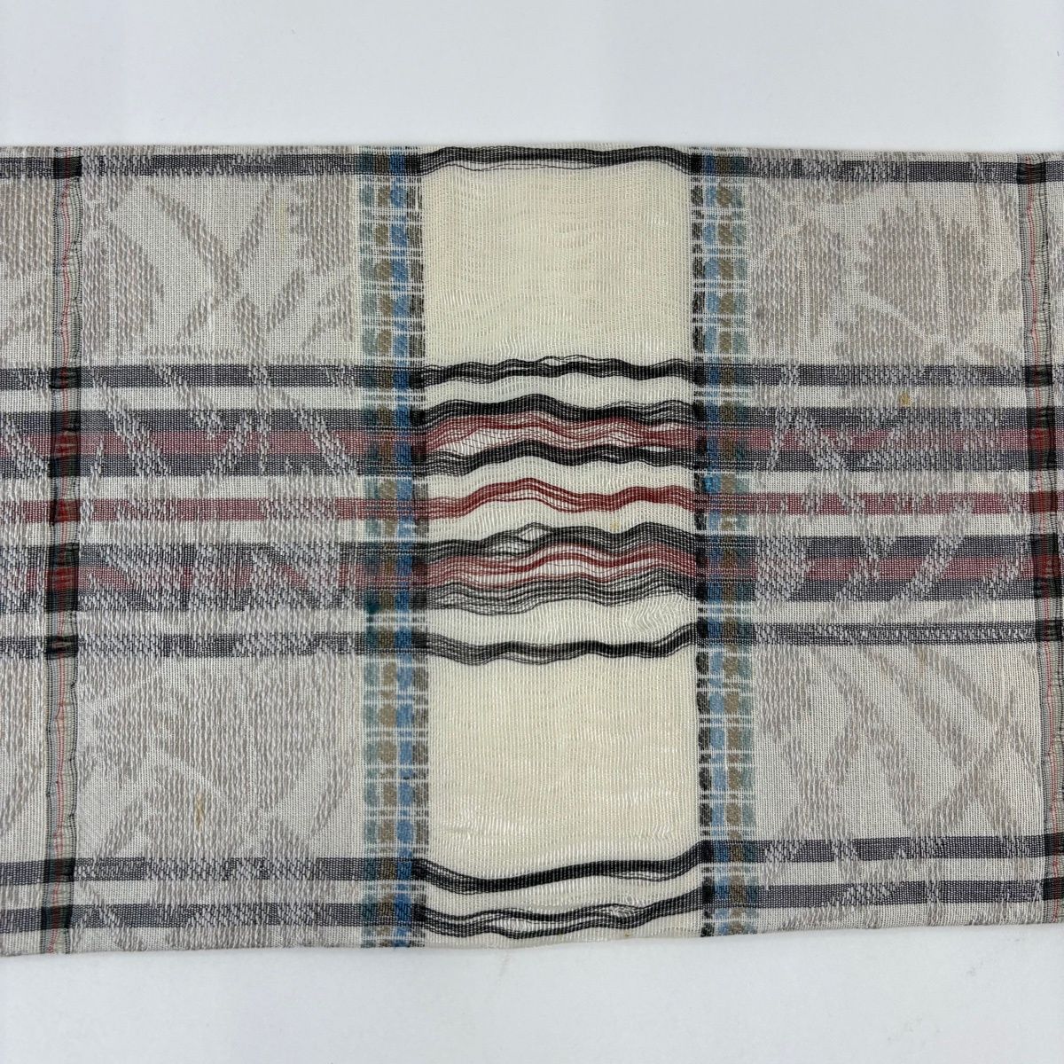  名古屋帯 夏紬地 格子 草花 灰茶 正絹 名古屋帯 帯