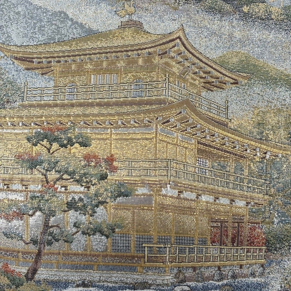 丸帯 証紙 日本紀行 箔 金糸 青灰色 全通 正絹