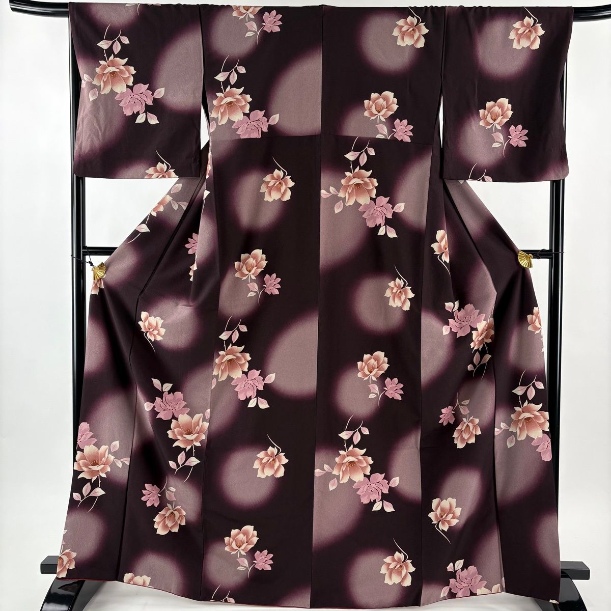 小紋 身丈166cm 裄丈68cm L 袷 洗える着物 枝花 ぼかし 濃紫 化繊 優品