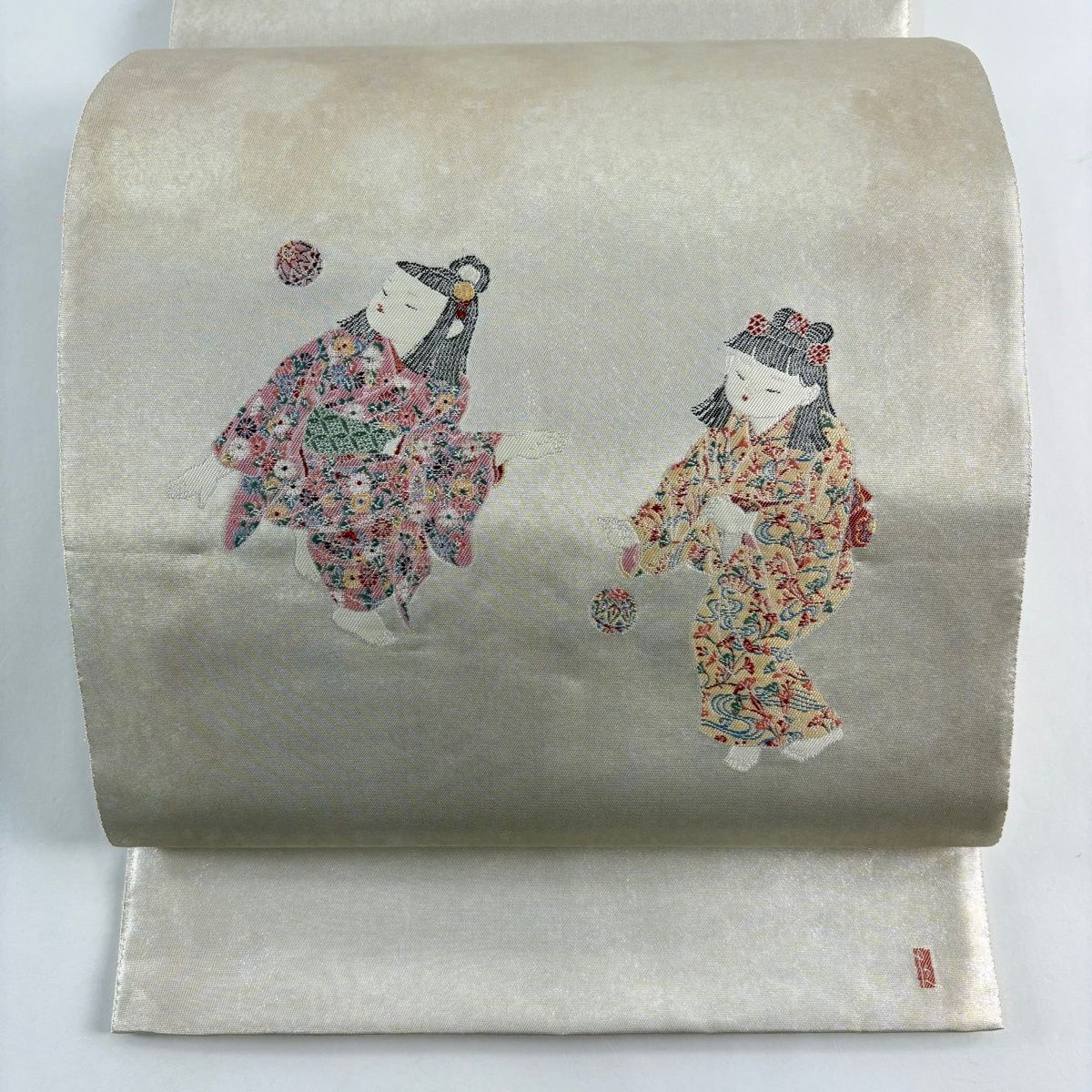 袋帯 名品 長嶋成織物 落款 由水十久監修 童 手鞠 箔 瀞銀錦 銀色
