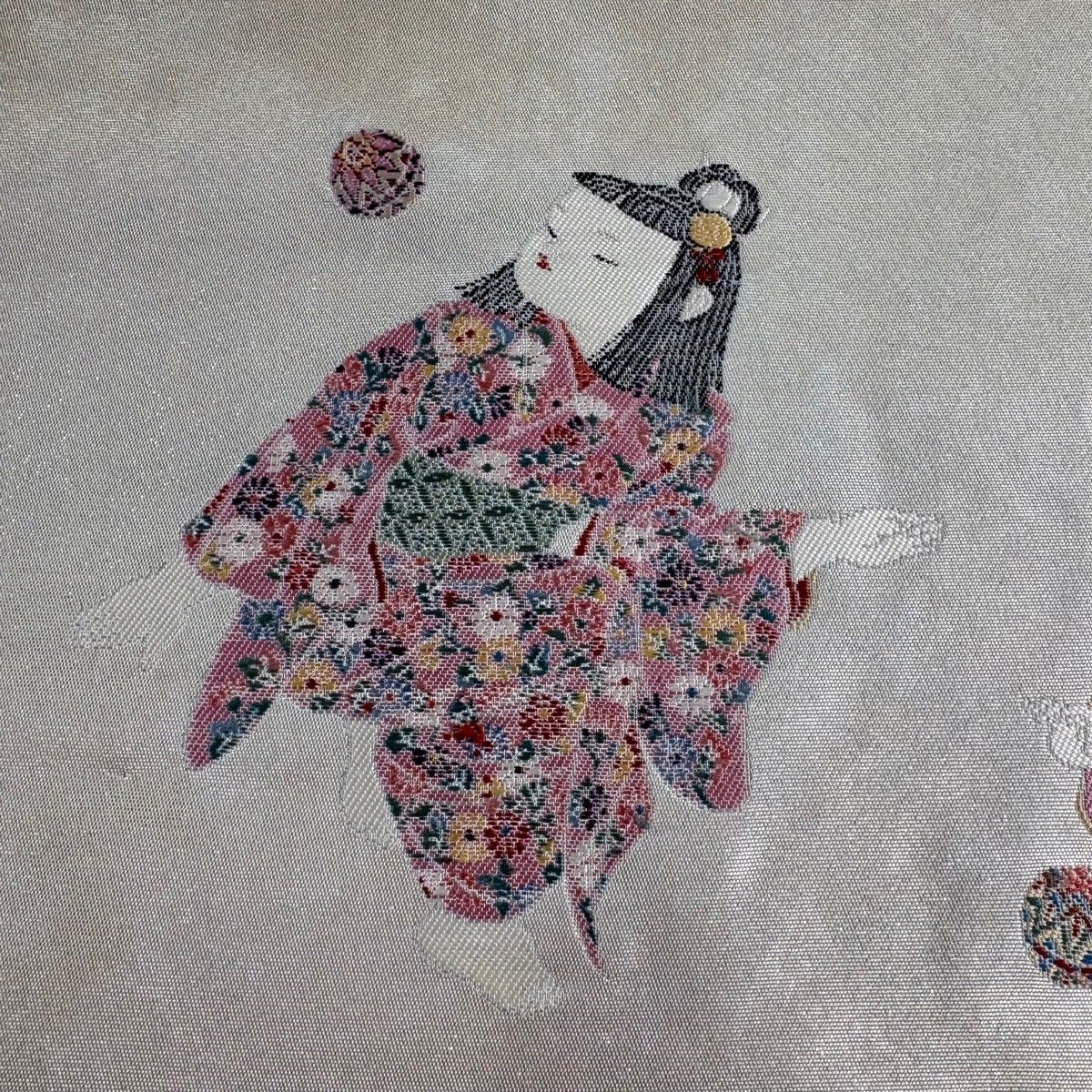 袋帯 名品 長嶋成織物 落款 由水十久監修 童 手鞠 箔 瀞銀錦 銀色