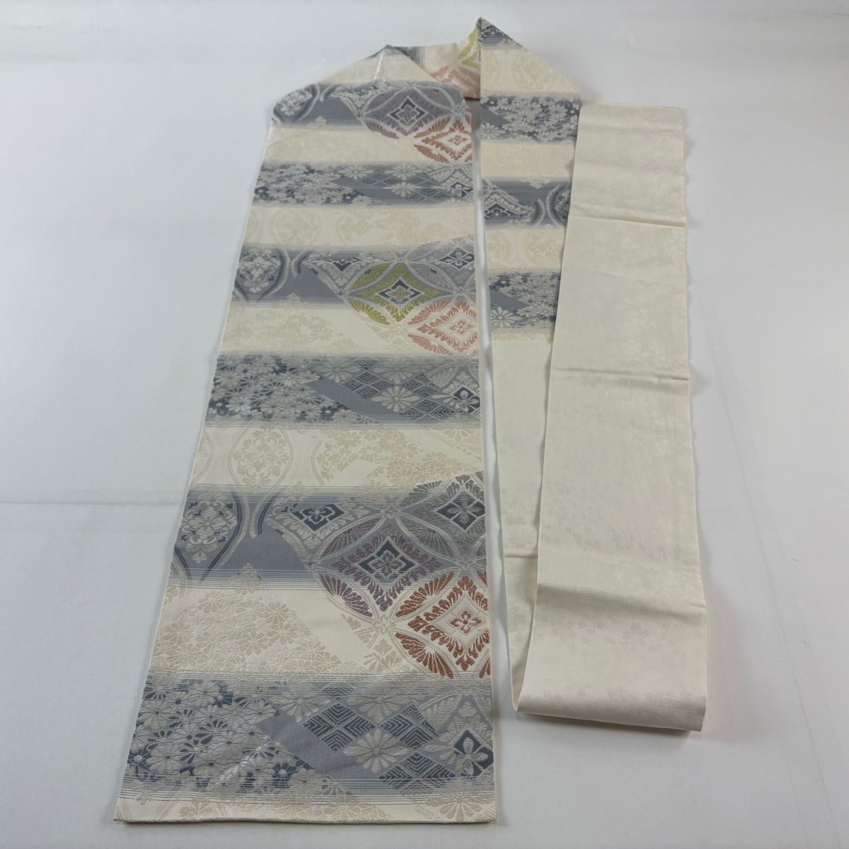  名古屋帯 段縞 七宝 クリーム 正絹 名古屋帯 帯