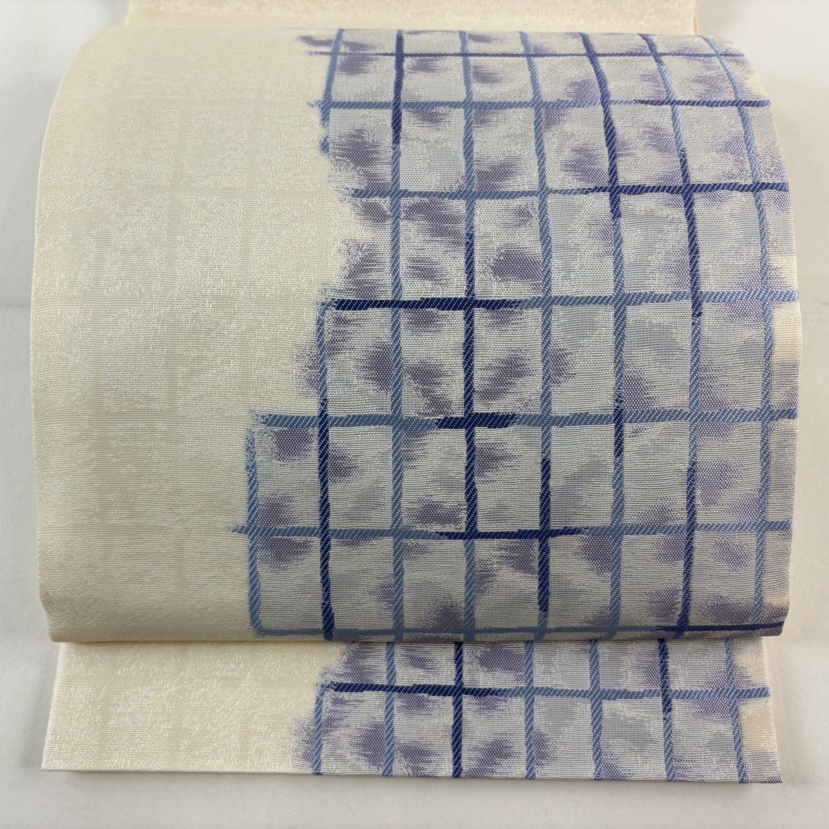 美品】 袋帯 名品 加納幸 落款 証紙 夏帯 格子 幾何学 クリーム お太鼓