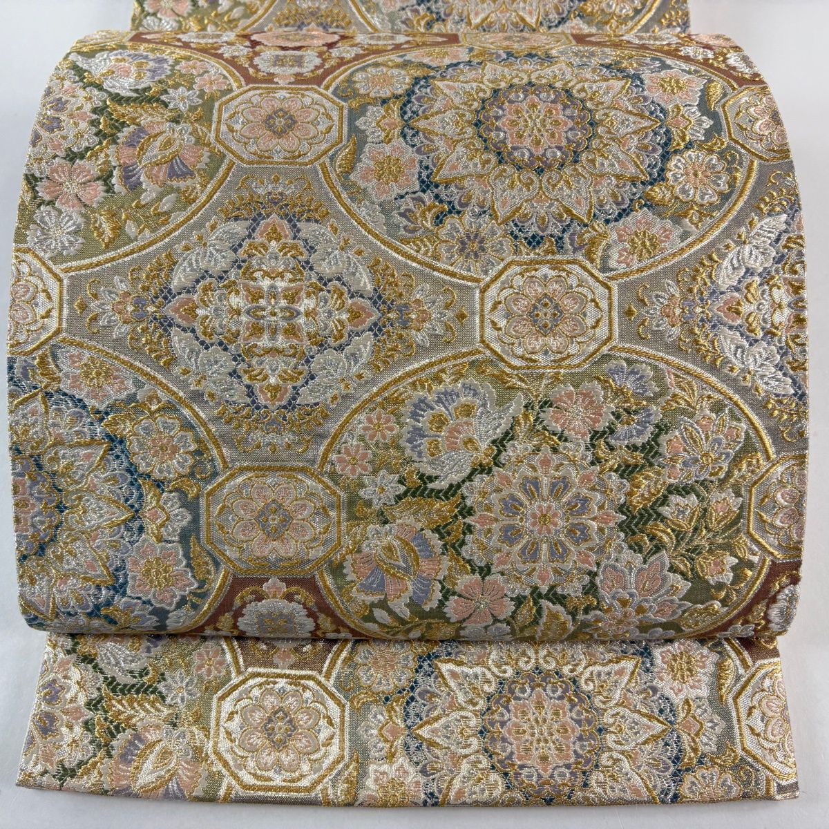 美品】 袋帯 名品 華文 亀甲 金銀糸 箔 ベージュ 六通 正絹 【中古