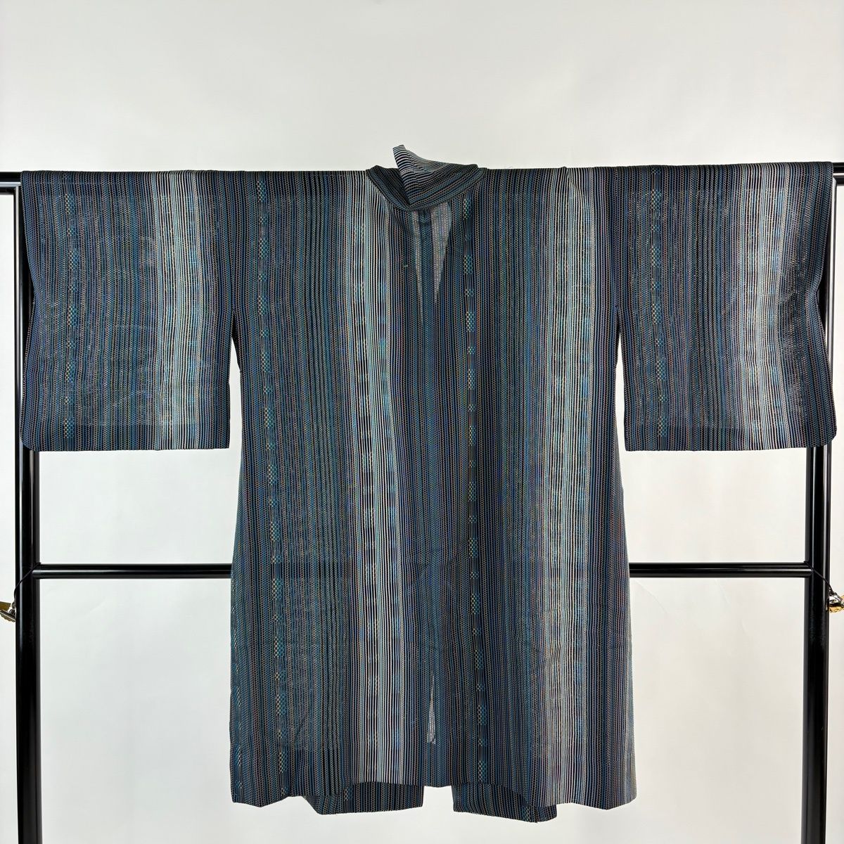 道中着 身丈102 cm 裄丈66 M 和装コート 縞 幾何学模様 深緑 正絹 秀品