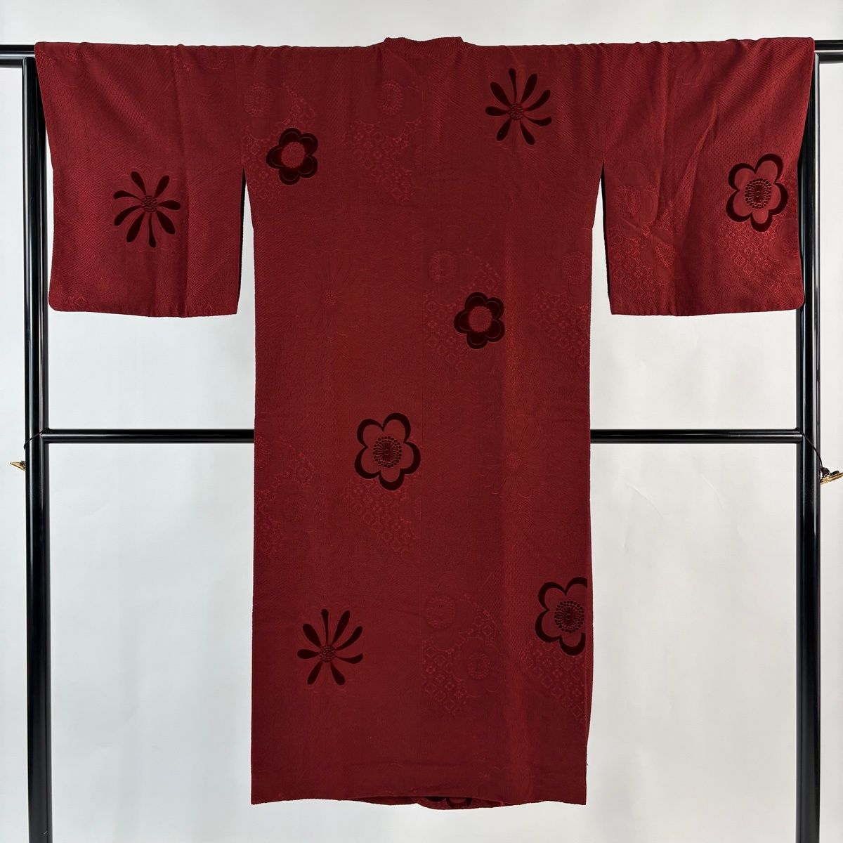 道行 身丈128 cm 裄丈65 M 和装コート 角衿 梅 花菱蜀江 えんじ色 正絹 秀品