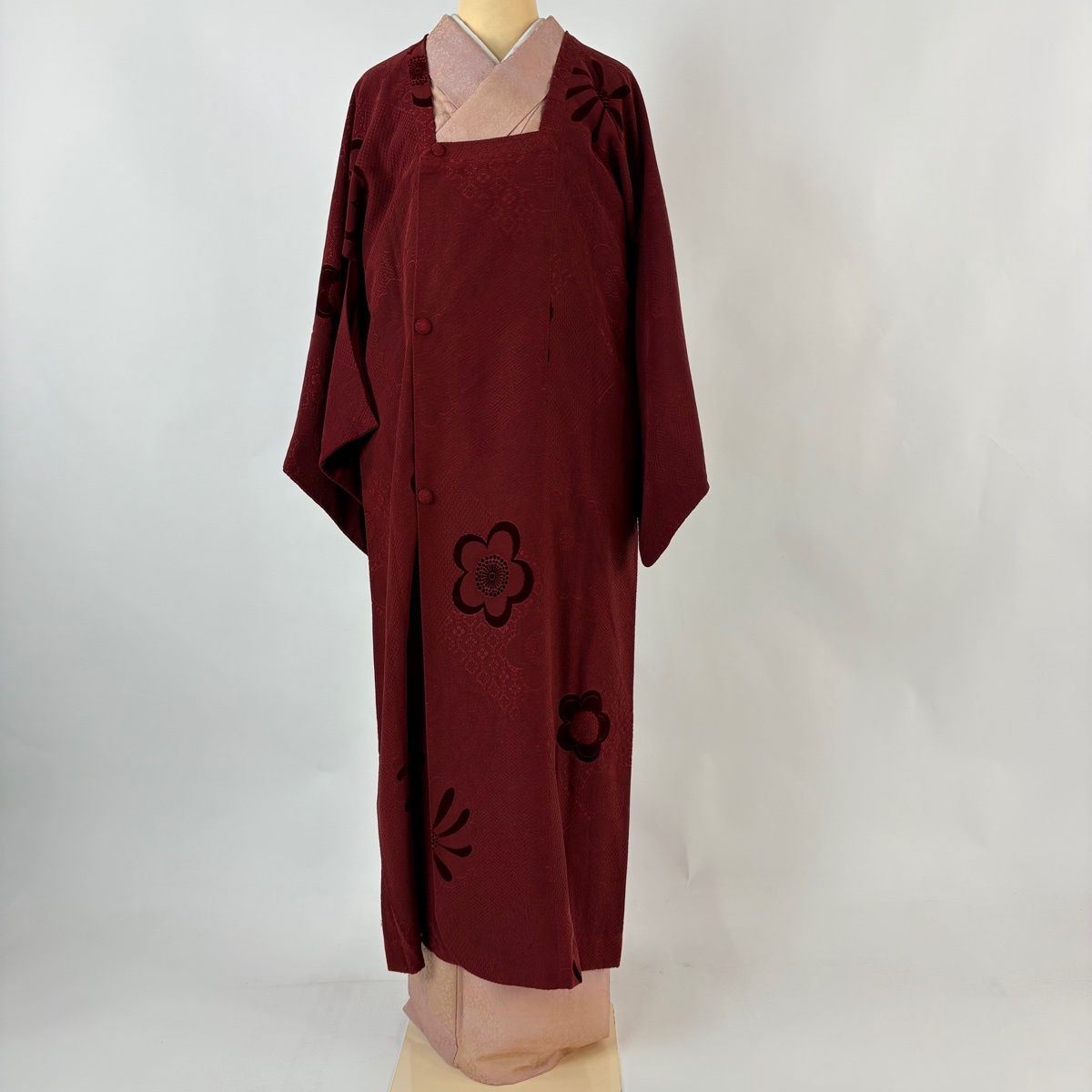 道行 身丈128 cm 裄丈65 M 和装コート 角衿 梅 花菱蜀江 えんじ色 正絹 秀品