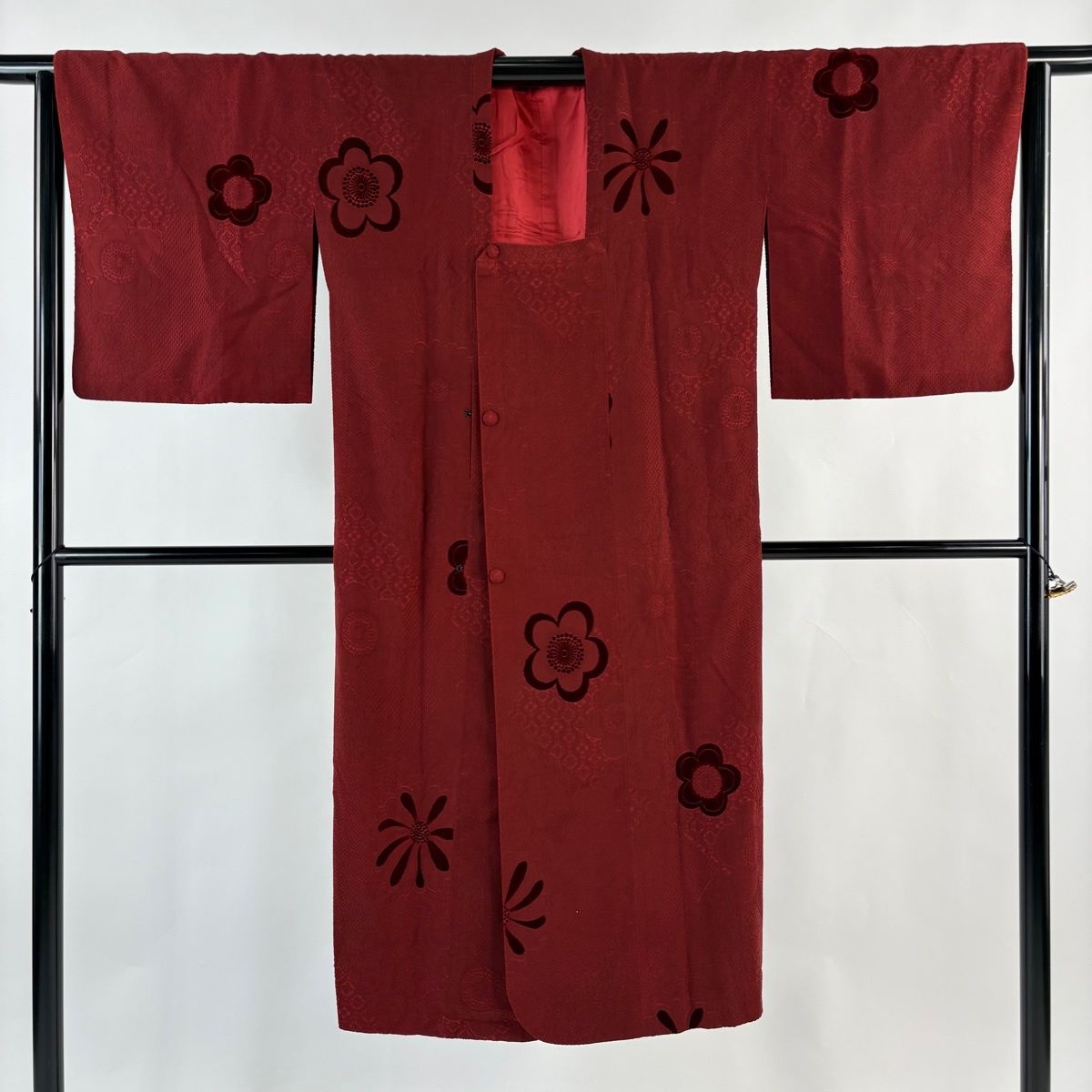  道行 身丈128 cm 裄丈65 M 和装コート 角衿 梅 花菱蜀江 えんじ色 正絹 秀品 羽織 着物 浴衣