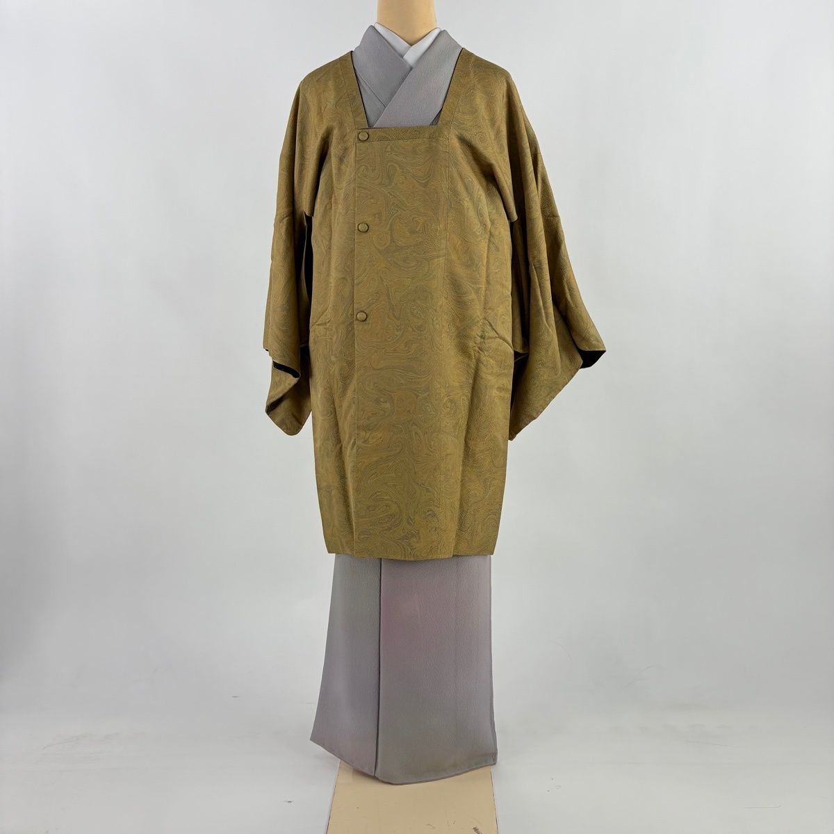 道行 身丈93 cm 裄丈66.5 M 和装コート 角衿 墨流し 縮緬 黄土色 正絹 秀品
