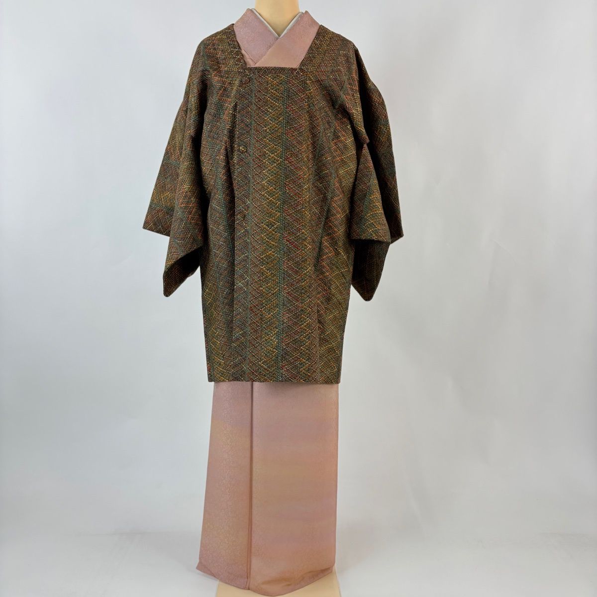 道行 身丈92 cm 裄丈65.5 M 和装コート 角衿 縞 幾何学模様 茶緑色 正絹 秀品