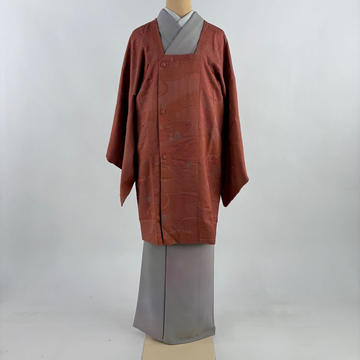 道行 身丈91 cm 裄丈66 M 和装コート 角衿 樹木 流水 縮緬 薄小豆 正絹 秀品