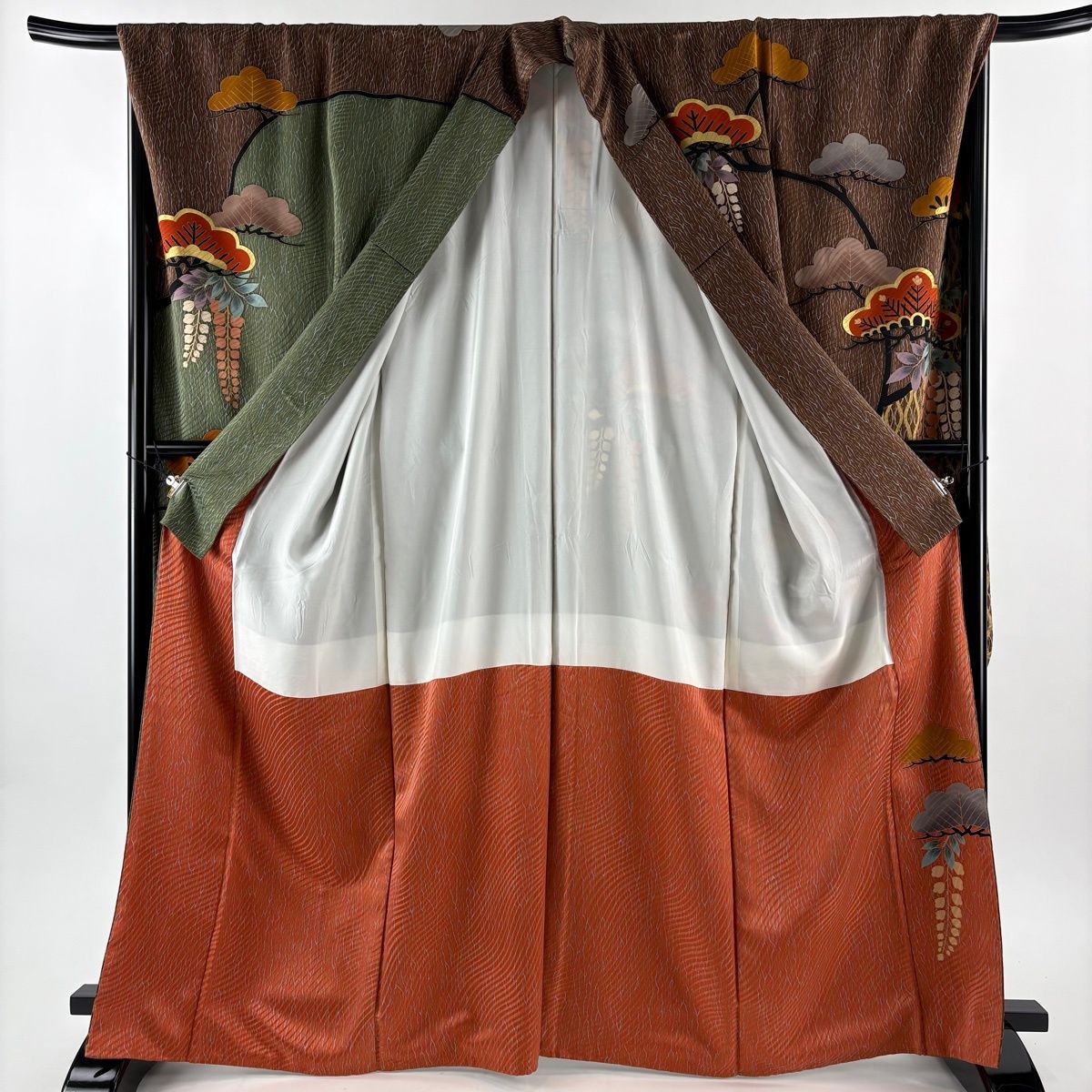  振袖 身丈166.5 cm 裄丈69.5 L 袷 笠松 藤 金糸 金彩 茶色 正絹 秀品 振袖 着物