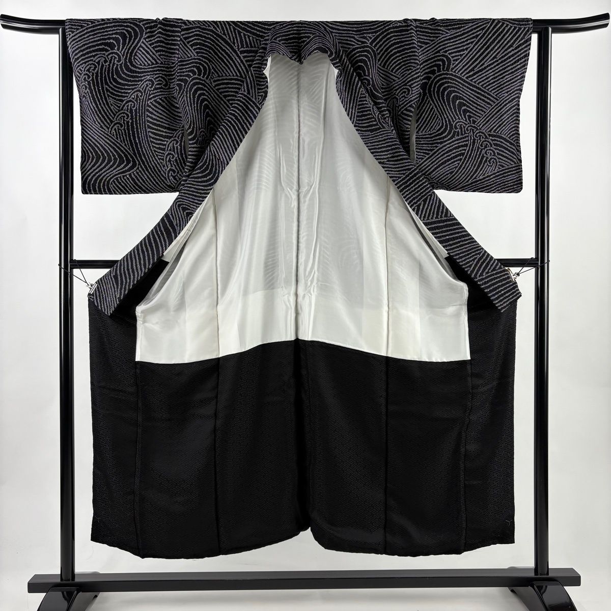  訪問着 身丈152 cm 裄丈63 S 袷 波頭 総絞り 黒 正絹 秀品 訪問着 付け下げ 着物