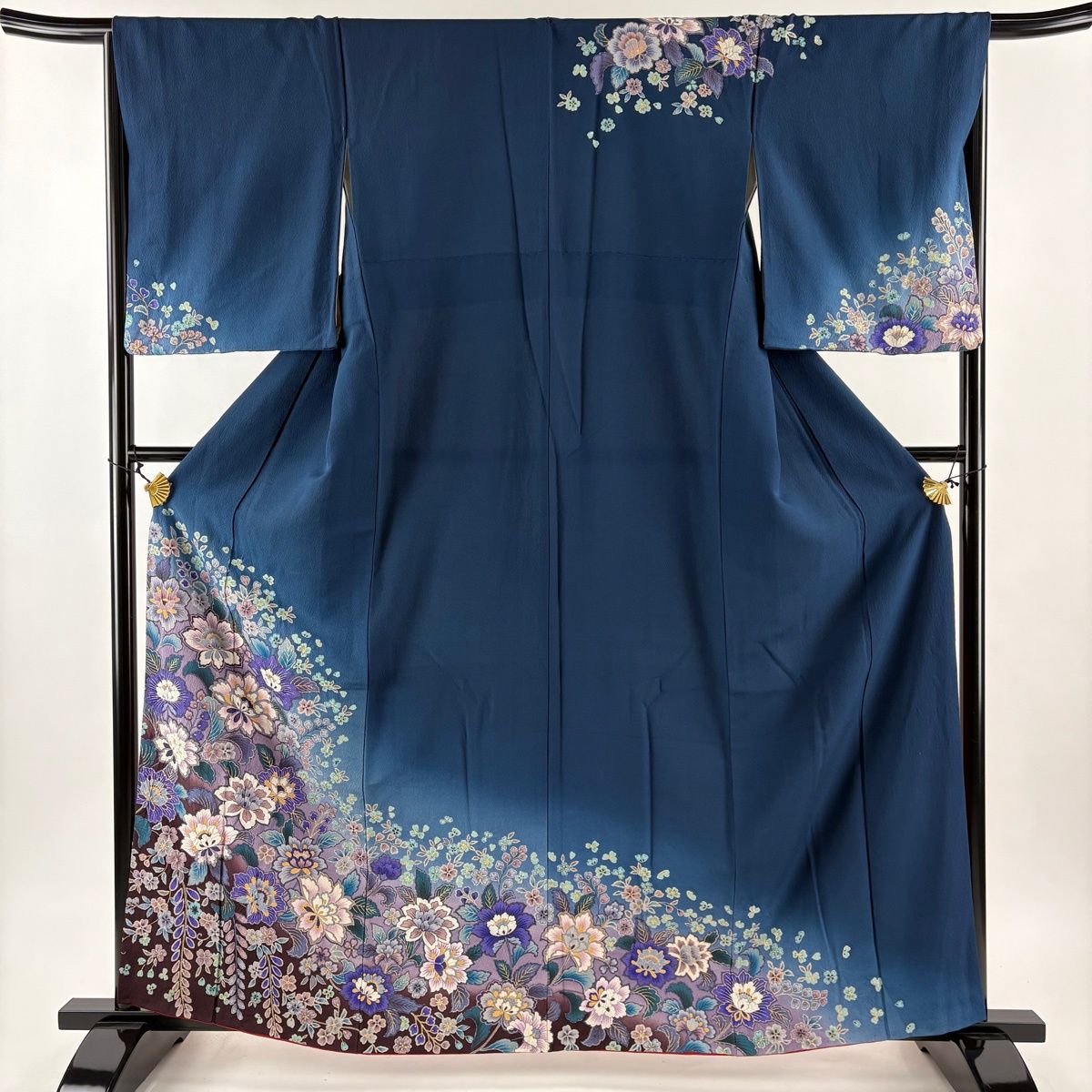 訪問着 身丈162cm 裄丈66cm M 袷 草花 金彩 ぼかし 青緑 正絹 秀品