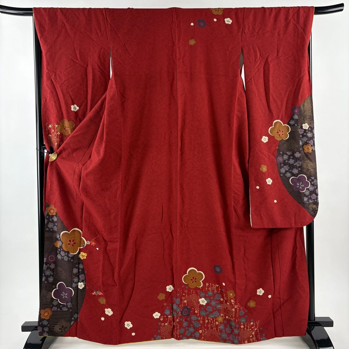 振袖 身丈165 cm 裄丈66 M 袷 梅 折り鶴 金糸 刺繍 赤茶 正絹 秀品