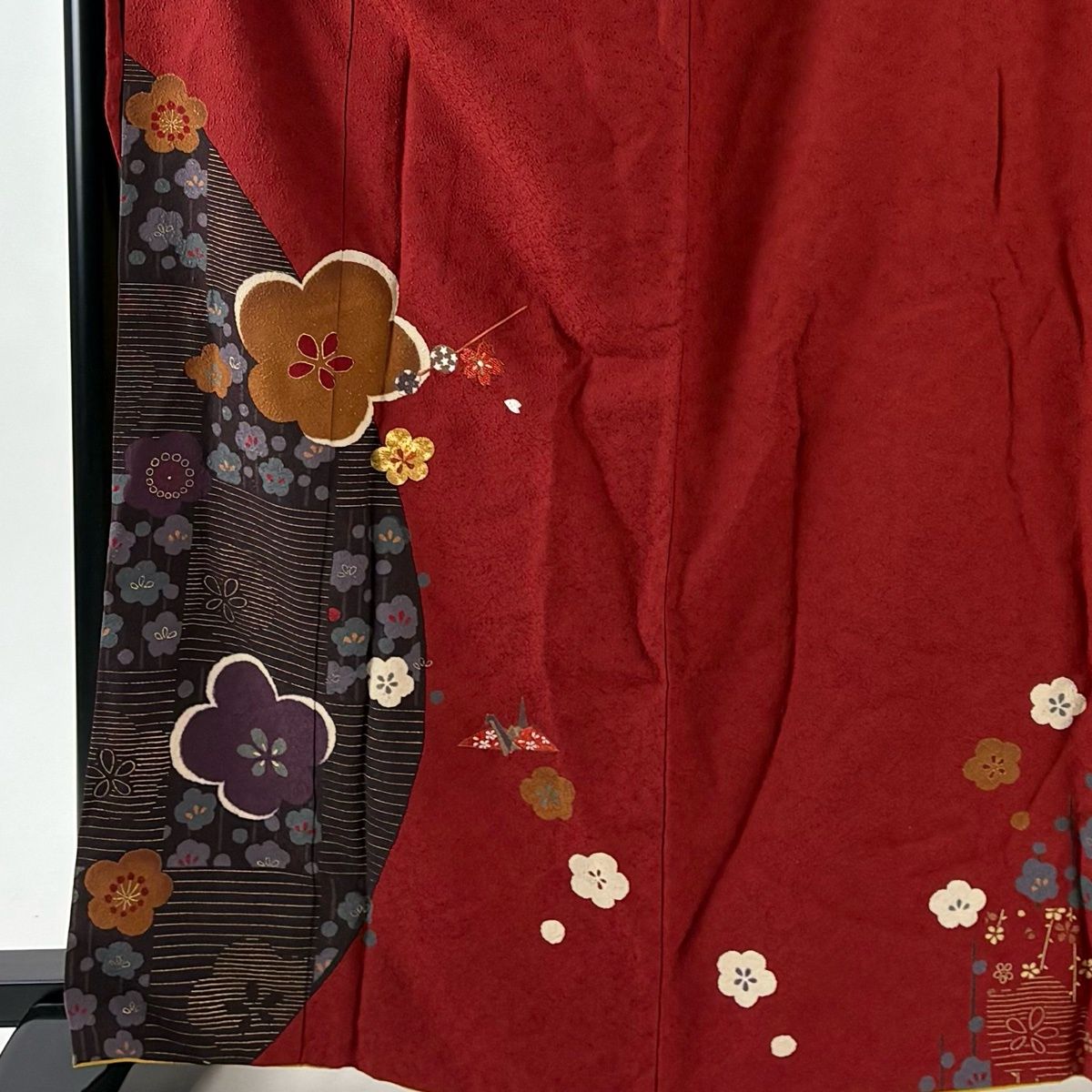 振袖 身丈165 cm 裄丈66 M 袷 梅 折り鶴 金糸 刺繍 赤茶 正絹 秀品