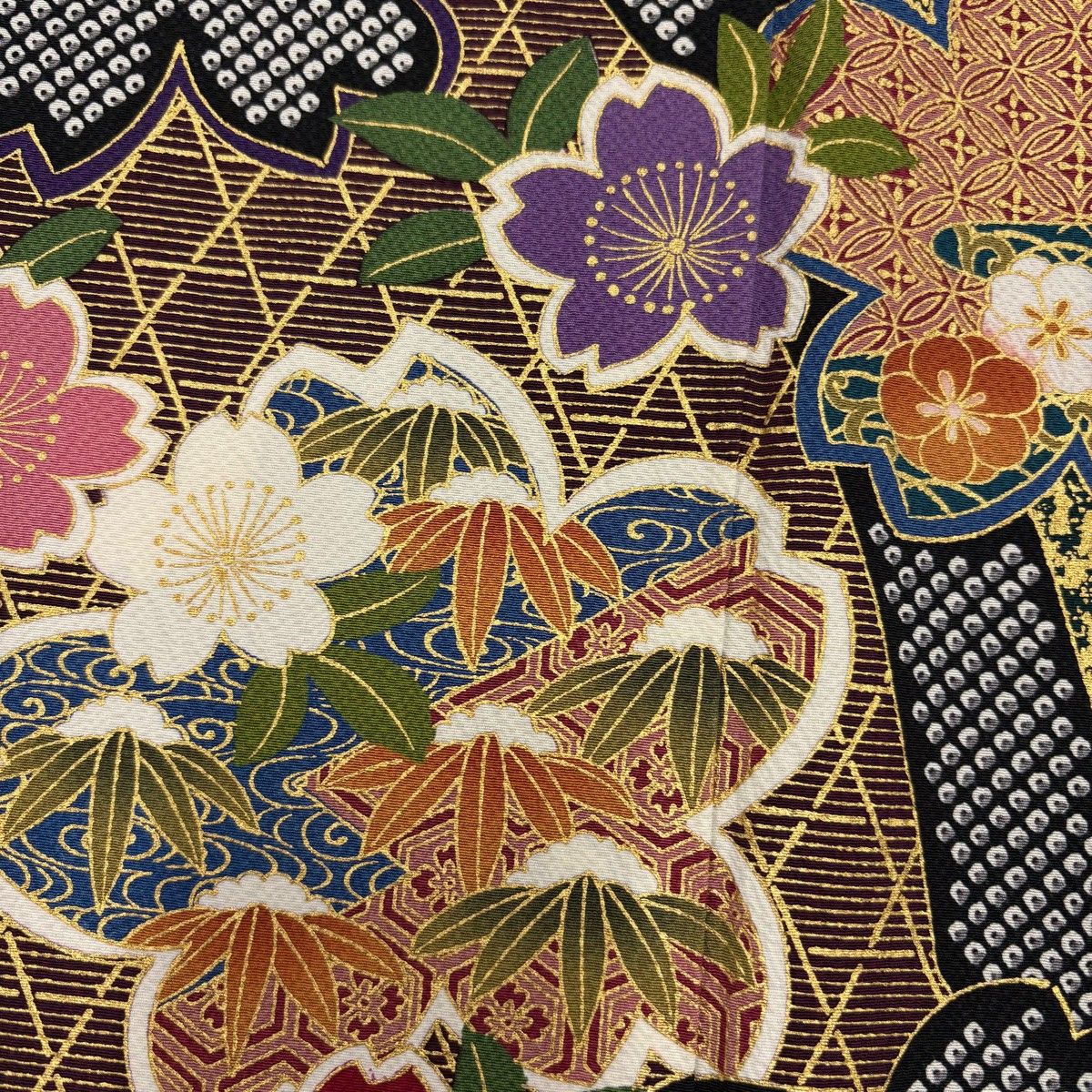  振袖 身丈152.5 cm 裄丈64 M 袷 やまと 桜 笹 金彩 紫 正絹 秀品 振袖 着物