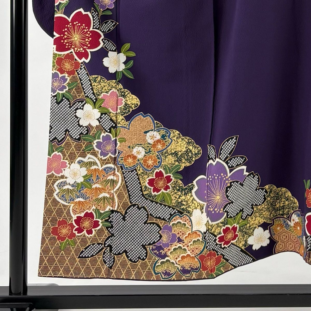 振袖 身丈152.5 cm 裄丈64 M 袷 やまと 桜 笹 金彩 紫 正絹 秀品