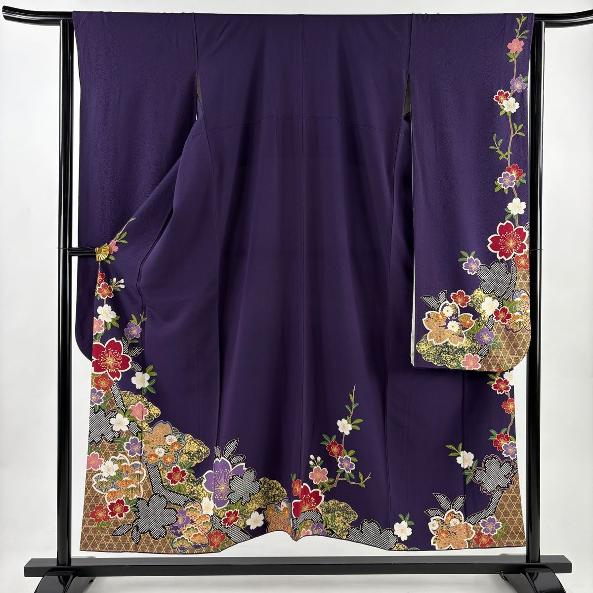 振袖 身丈152 5 cm 裄丈64 M 袷 やまと 桜 笹 金彩 紫 正絹 秀品