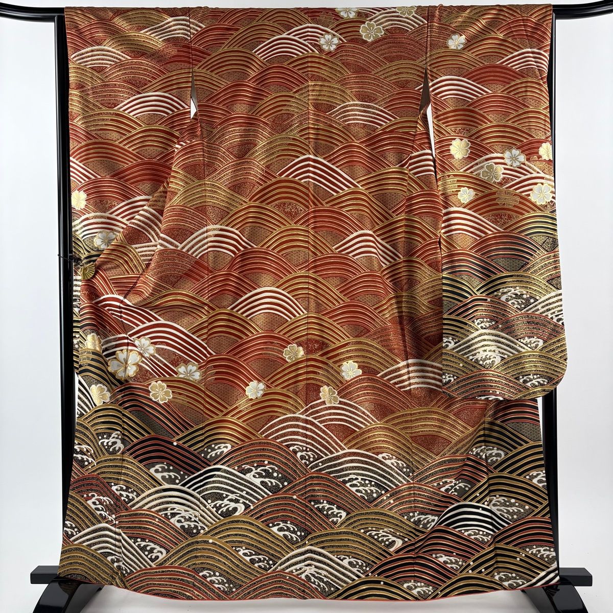振袖 身丈163 5 cm 裄丈65 M 袷 桜 波 金彩 金糸 赤茶 正絹 秀品