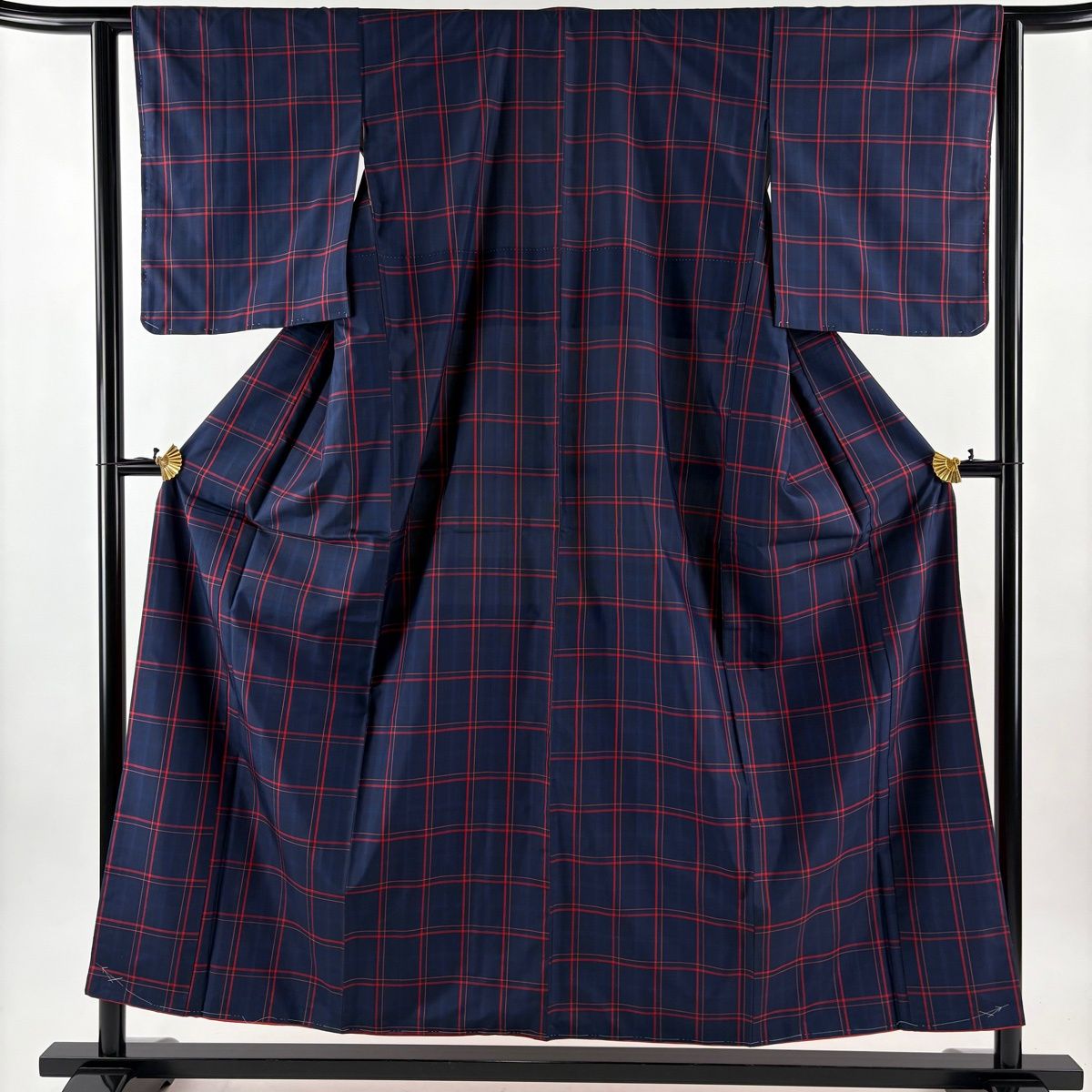 紬 身丈155.5 cm 裄丈62.5 S 袷 アンサンブル 証紙 格子 紺色 正絹 秀品
