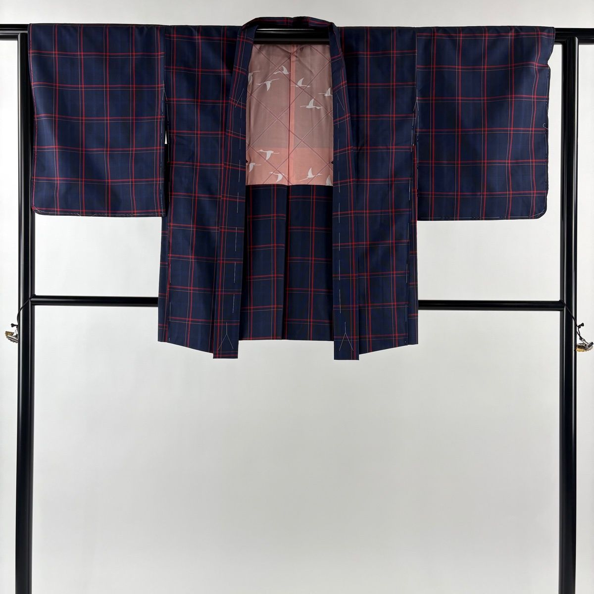  紬 身丈155.5 cm 裄丈62.5 S 袷 アンサンブル 証紙 格子 紺色 正絹 秀品 紬 着物