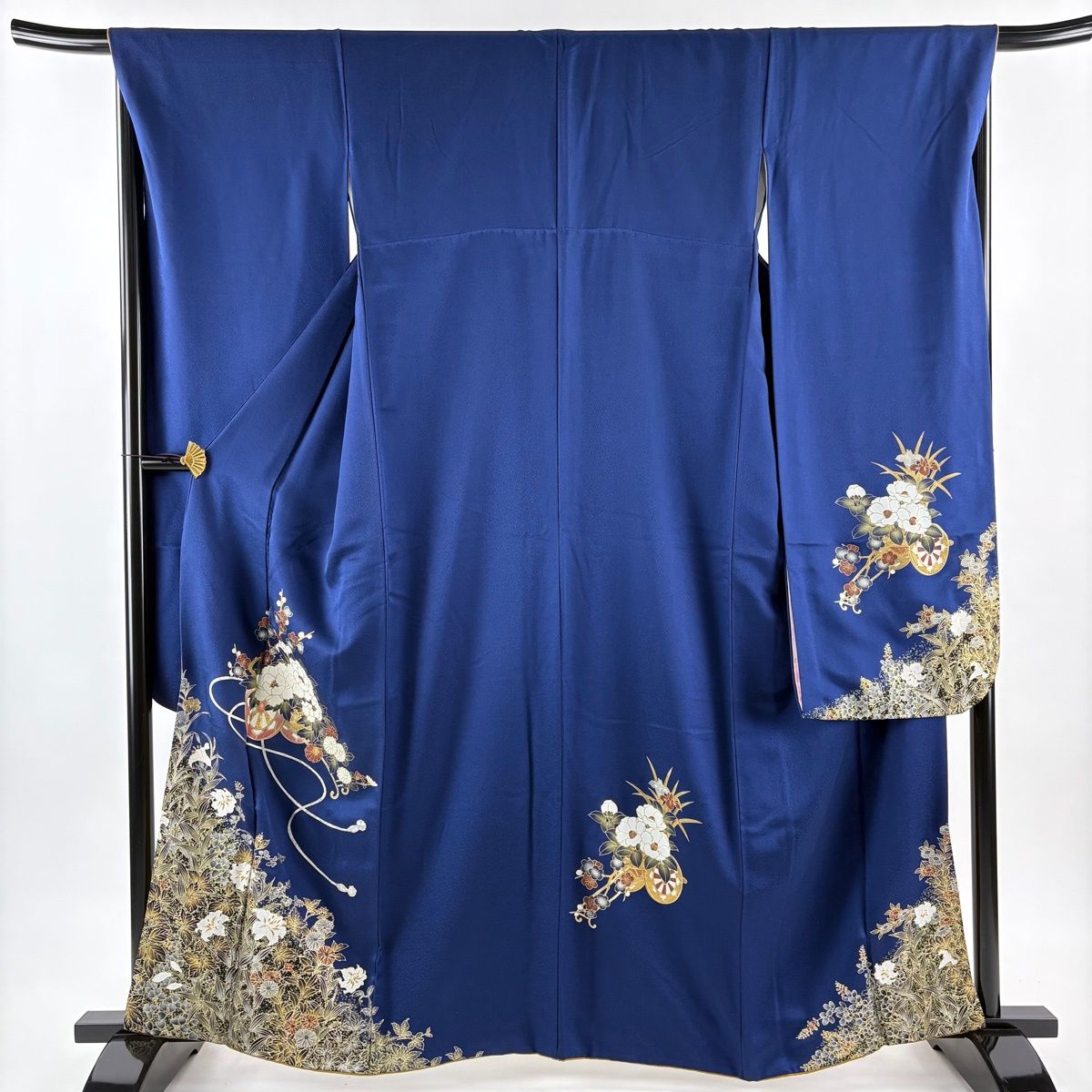 振袖 身丈162.5cm 裄丈66cm M 袷 花車 百合 金彩 紺色 正絹 秀品
