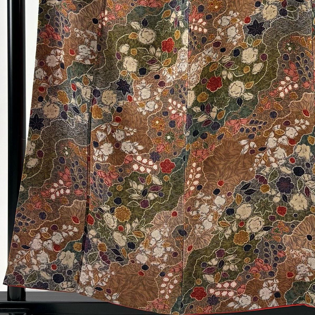 小紋 身丈156 cm 裄丈63 S 袷 辻が花柄 道長取り 縮緬 茶緑色 正絹 秀品