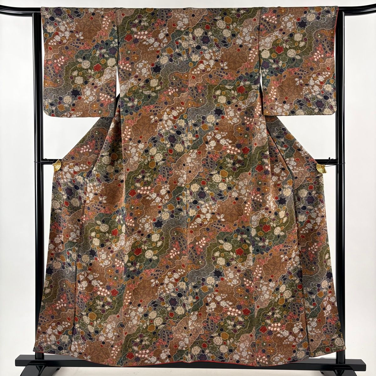 小紋 身丈156 cm 裄丈63 S 袷 辻が花柄 道長取り 縮緬 茶緑色 正絹 秀品