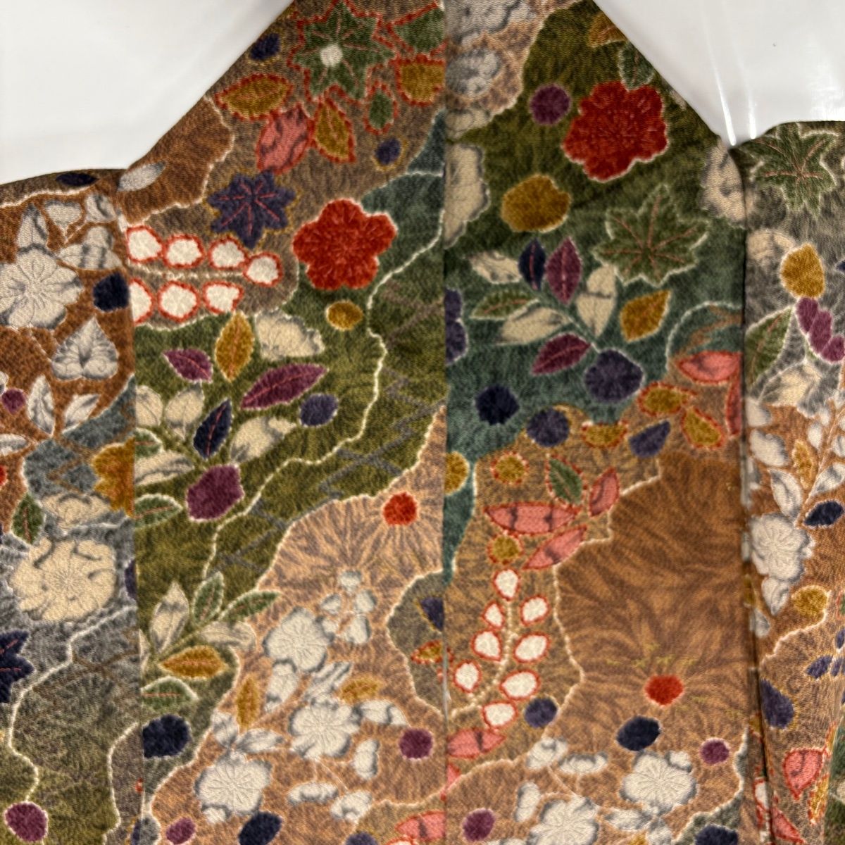  小紋 身丈156 cm 裄丈63 S 袷 辻が花柄 道長取り 縮緬 茶緑色 正絹 秀品 小紋 着物