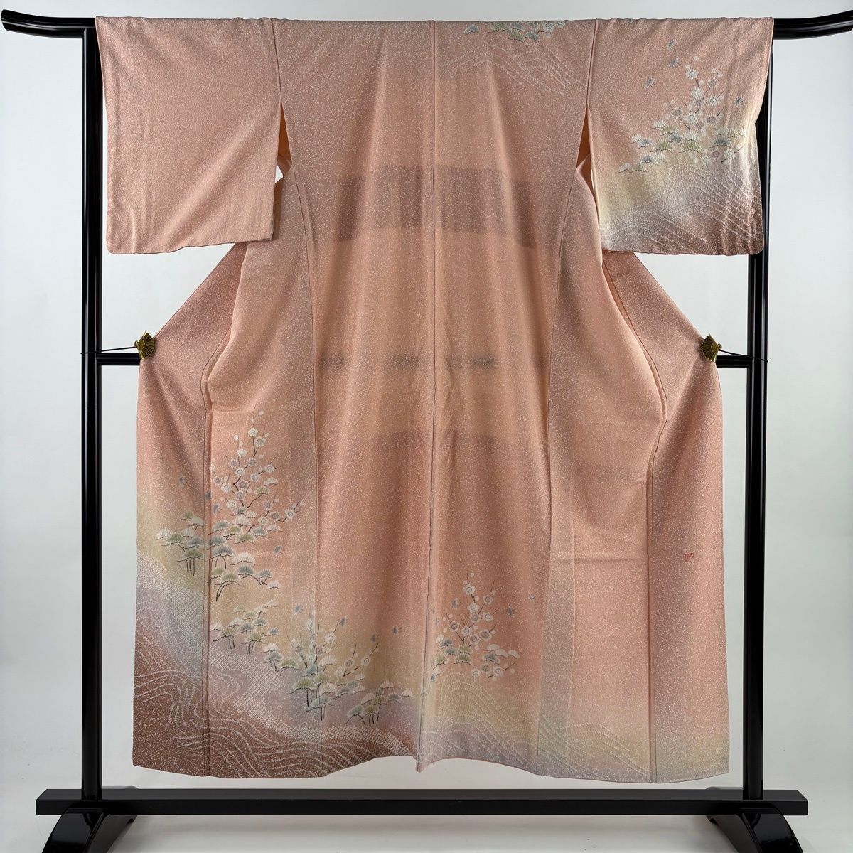 訪問着 身丈151.5 cm 裄丈66 M 袷 落款 松梅 千鳥 絞り ぼかし 薄ピンク 正絹 秀品