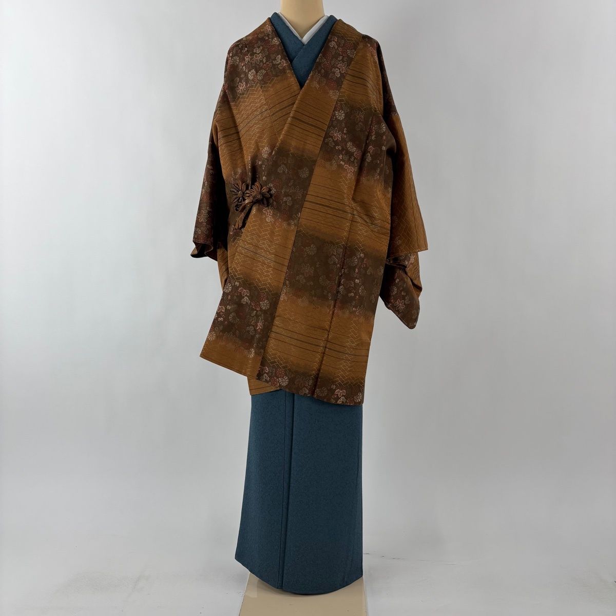 道中着 身丈96 cm 裄丈65 M 和装コート 菊 桐 茶色 正絹 秀品