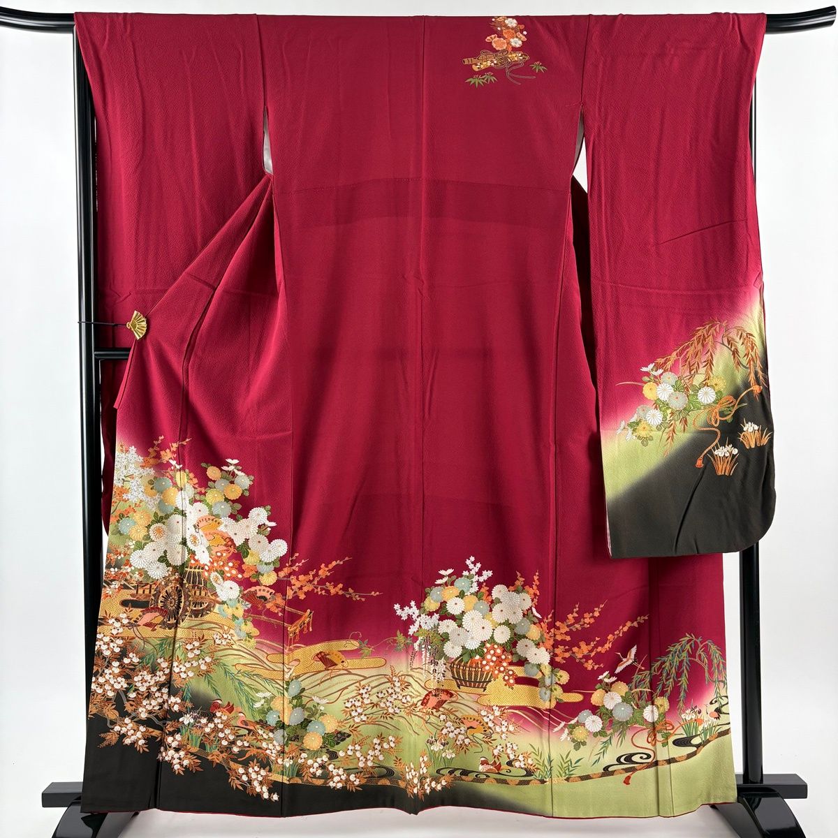 振袖 身丈161 cm 裄丈65 M 袷 花車 鴛鴦 金糸 金彩 えんじ色 正絹 秀品