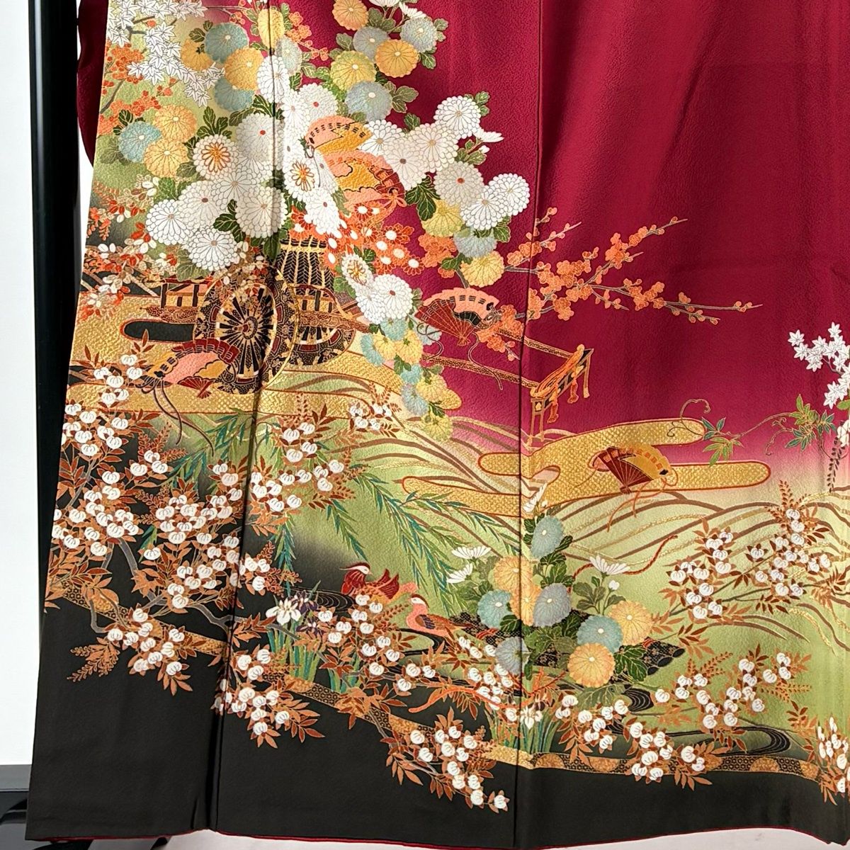 振袖 身丈161 cm 裄丈65 M 袷 花車 鴛鴦 金糸 金彩 えんじ色 正絹 秀品