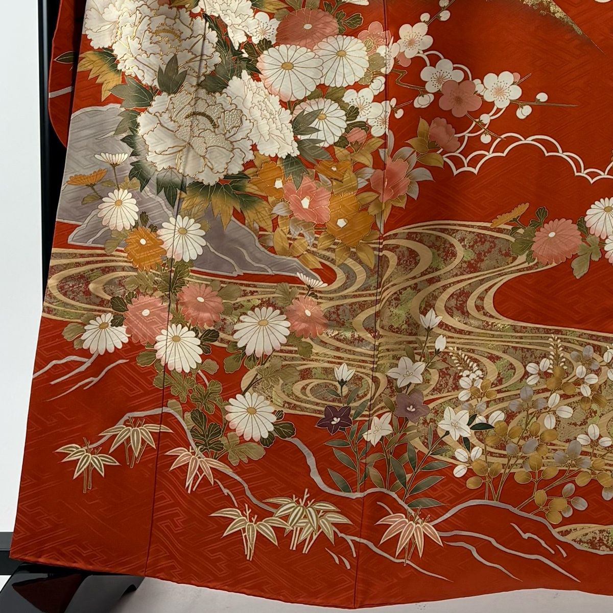 振袖 身丈159.5 cm 裄丈66.5 M 袷 鈴乃屋 草花 流水 オレンジ 正絹 秀品