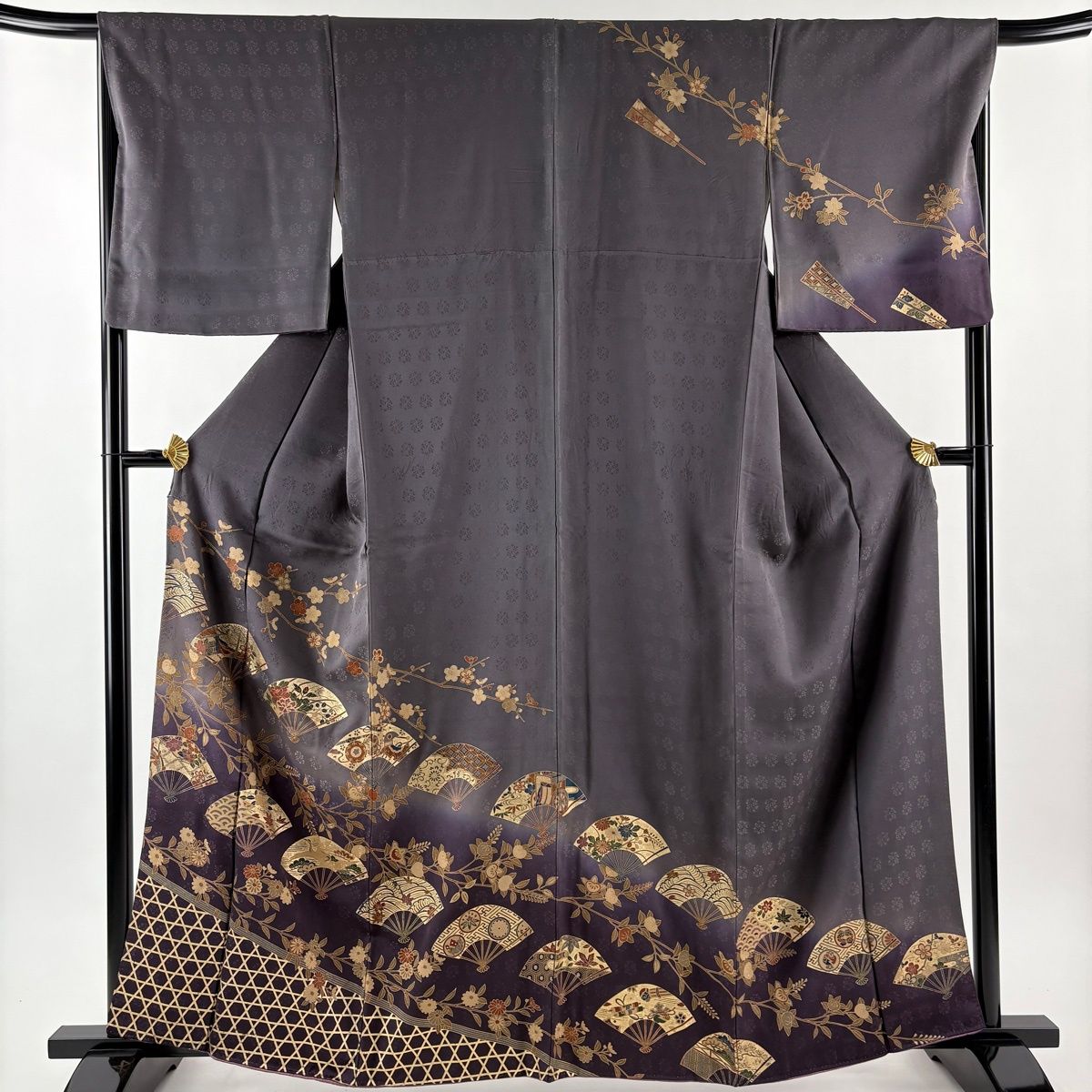 訪問着 身丈163 cm 裄丈67 M 袷 扇 草花 金彩 灰紫 正絹 秀品
