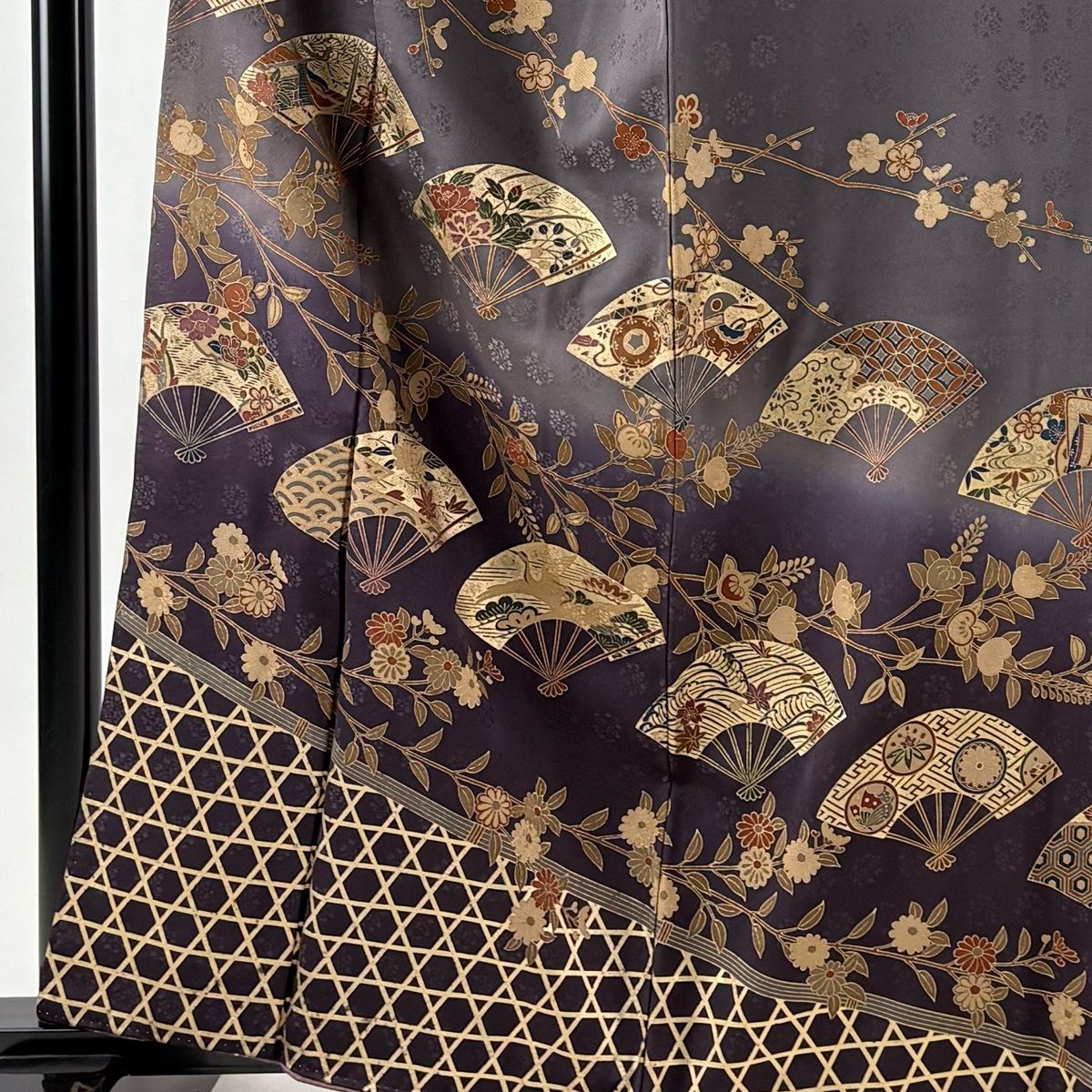 訪問着 身丈163 cm 裄丈67 M 袷 扇 草花 金彩 灰紫 正絹 秀品