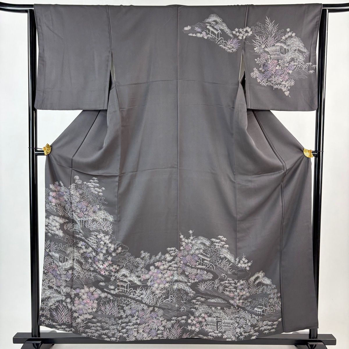 訪問着 身丈157 cm 裄丈63 S 袷 松竹梅 家屋 刺繍 灰色 正絹 秀品