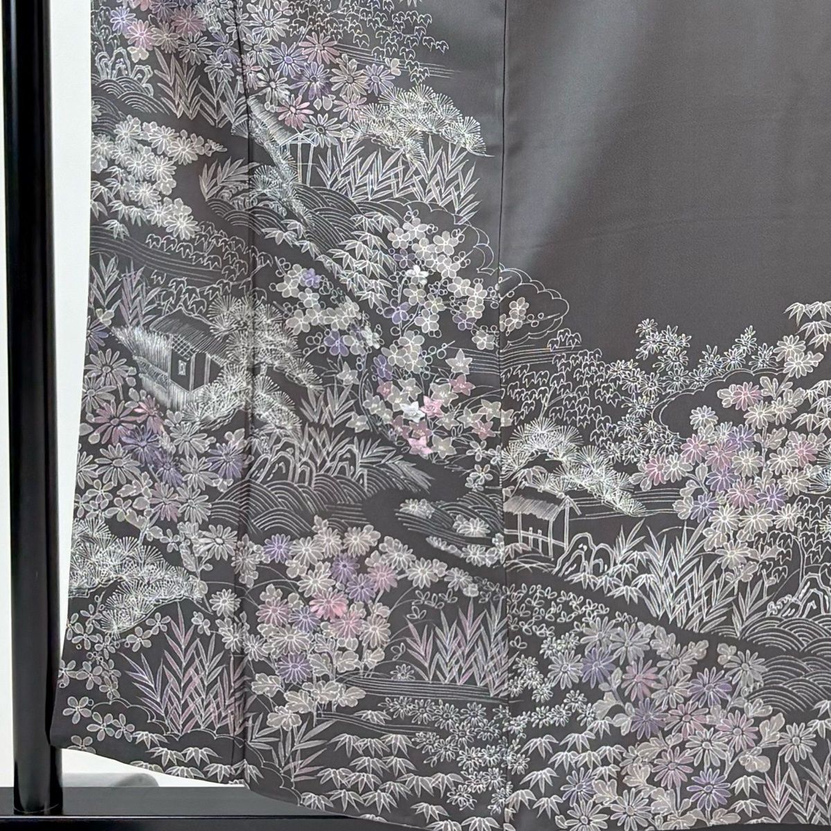 訪問着 身丈157 cm 裄丈63 S 袷 松竹梅 家屋 刺繍 灰色 正絹 秀品