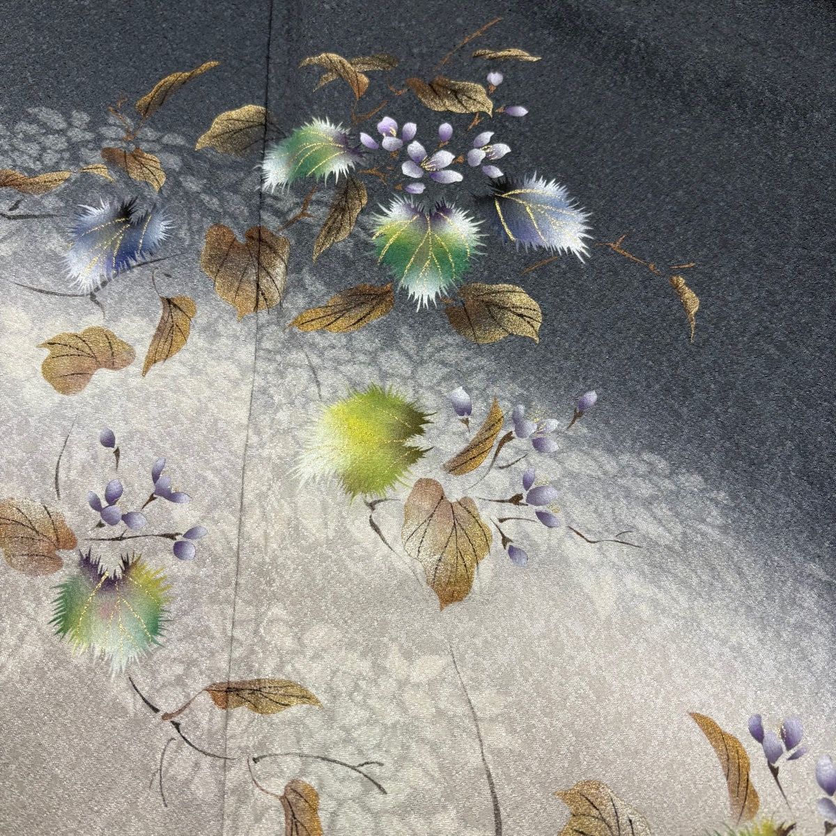  付下げ 身丈165.5 cm 裄丈67 M 袷 落款 枝花 金銀彩 ぼかし 深緑 正絹 秀品 訪問着 付け下げ 着物