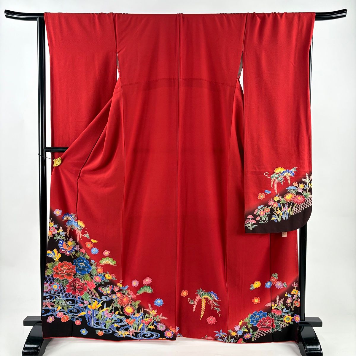 振袖 身丈164.5 cm 裄丈66 M 袷 落款 蝶 松竹梅 染め分け ぼかし 赤 正絹 秀品