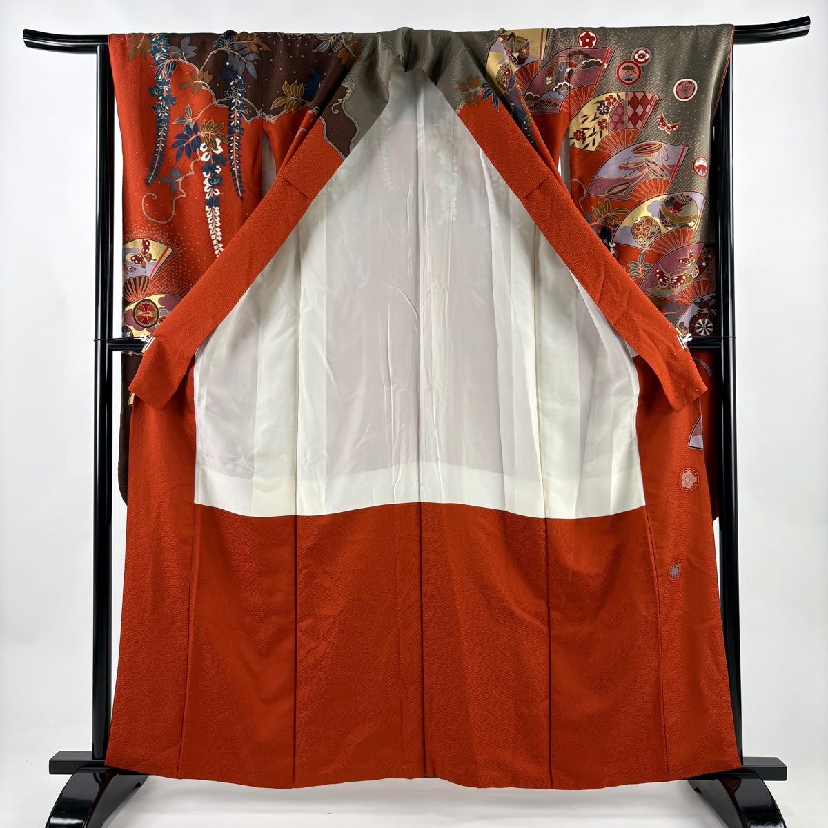  振袖 身丈158 5 cm 裄丈64 M 袷 扇 花鳥 金糸 金彩 赤茶 正絹 秀品 振袖 着物