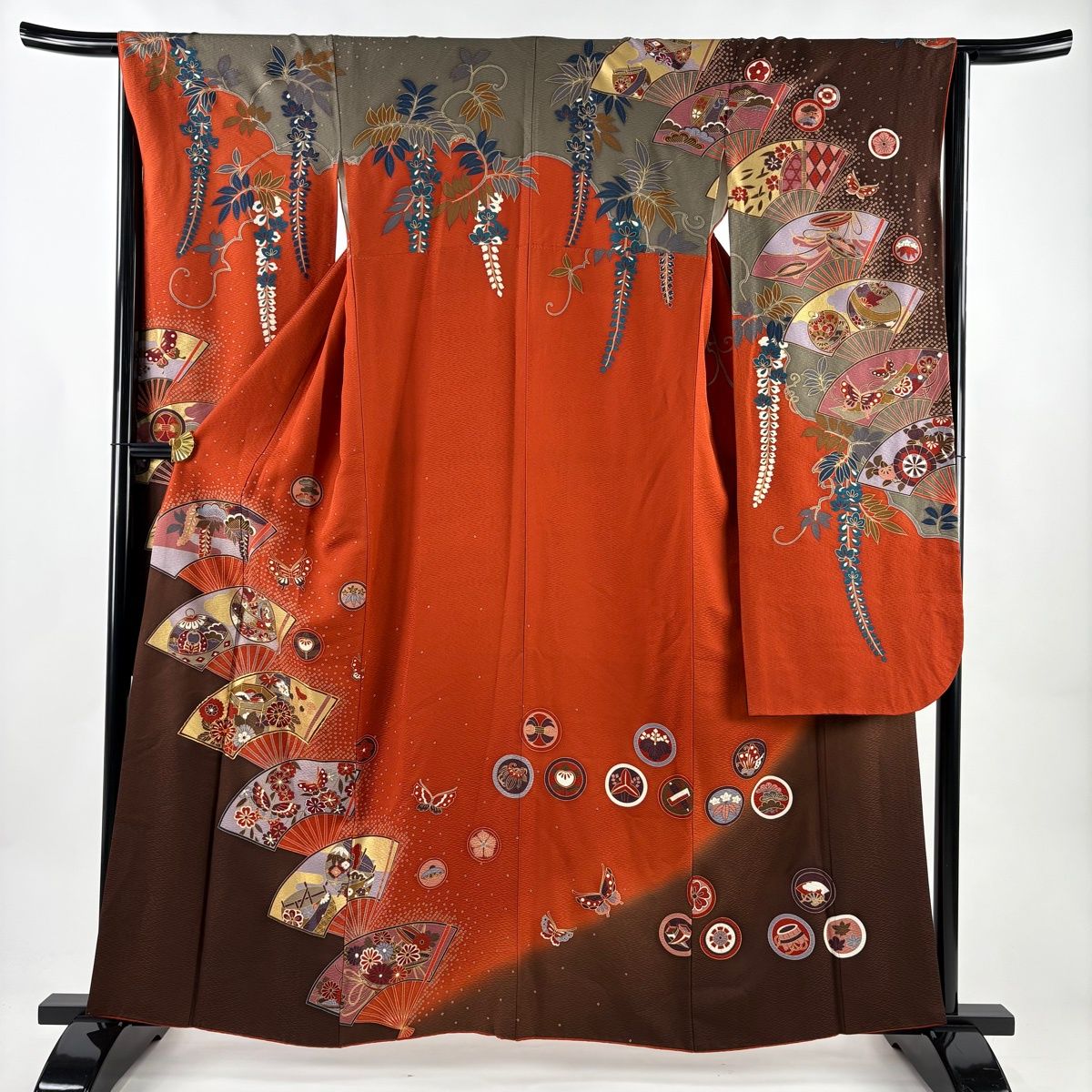 振袖 身丈158 5 cm 裄丈64 M 袷 扇 花鳥 金糸 金彩 赤茶 正絹 秀品