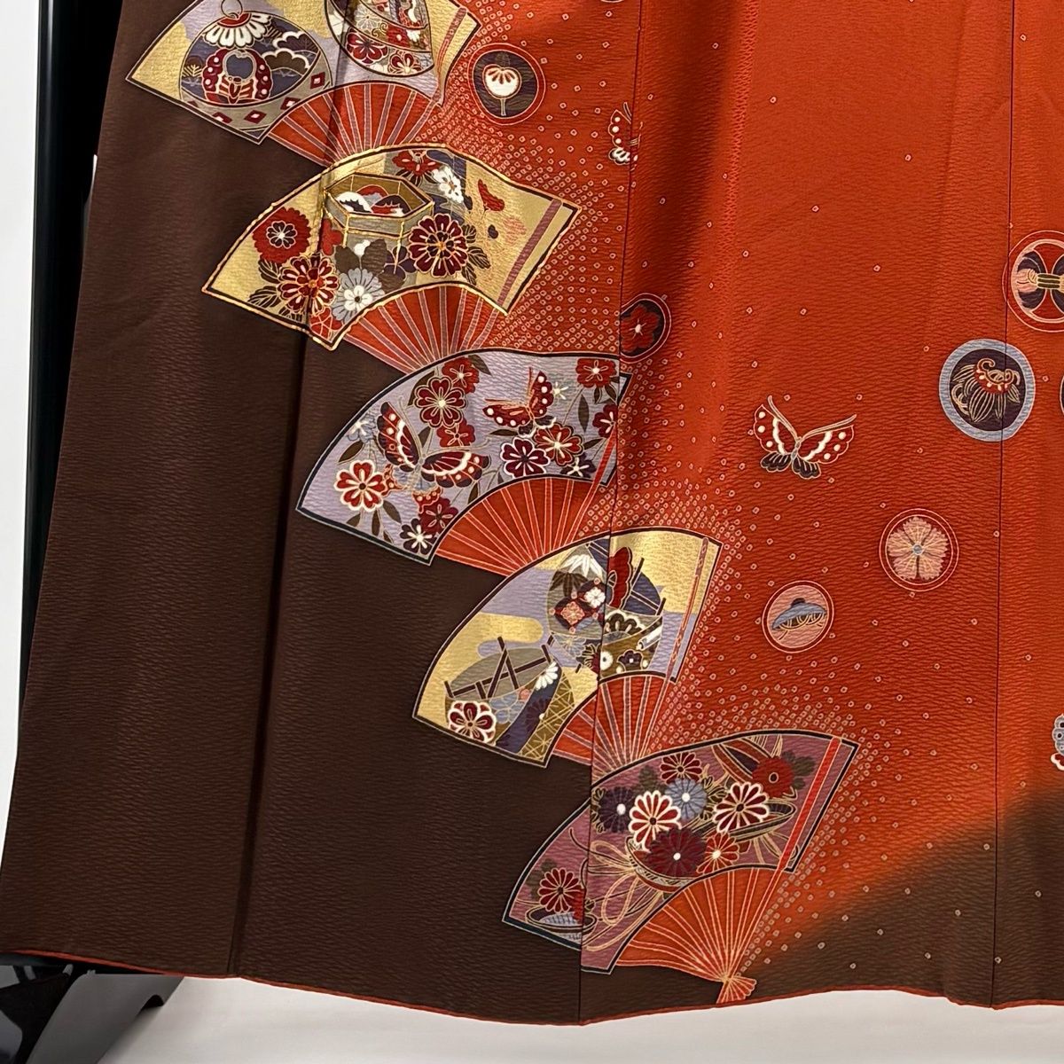 振袖 身丈158.5 cm 裄丈64 M 袷 扇 花鳥 金糸 金彩 赤茶 正絹 秀品