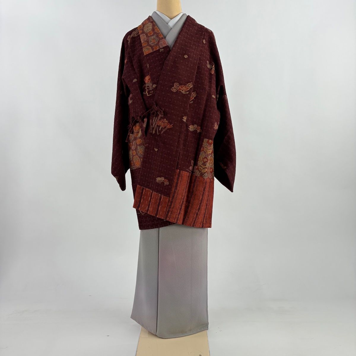 道中着 身丈87.5 cm 裄丈64.5 M 和装コート 草花 四角 茶紫 正絹 秀品