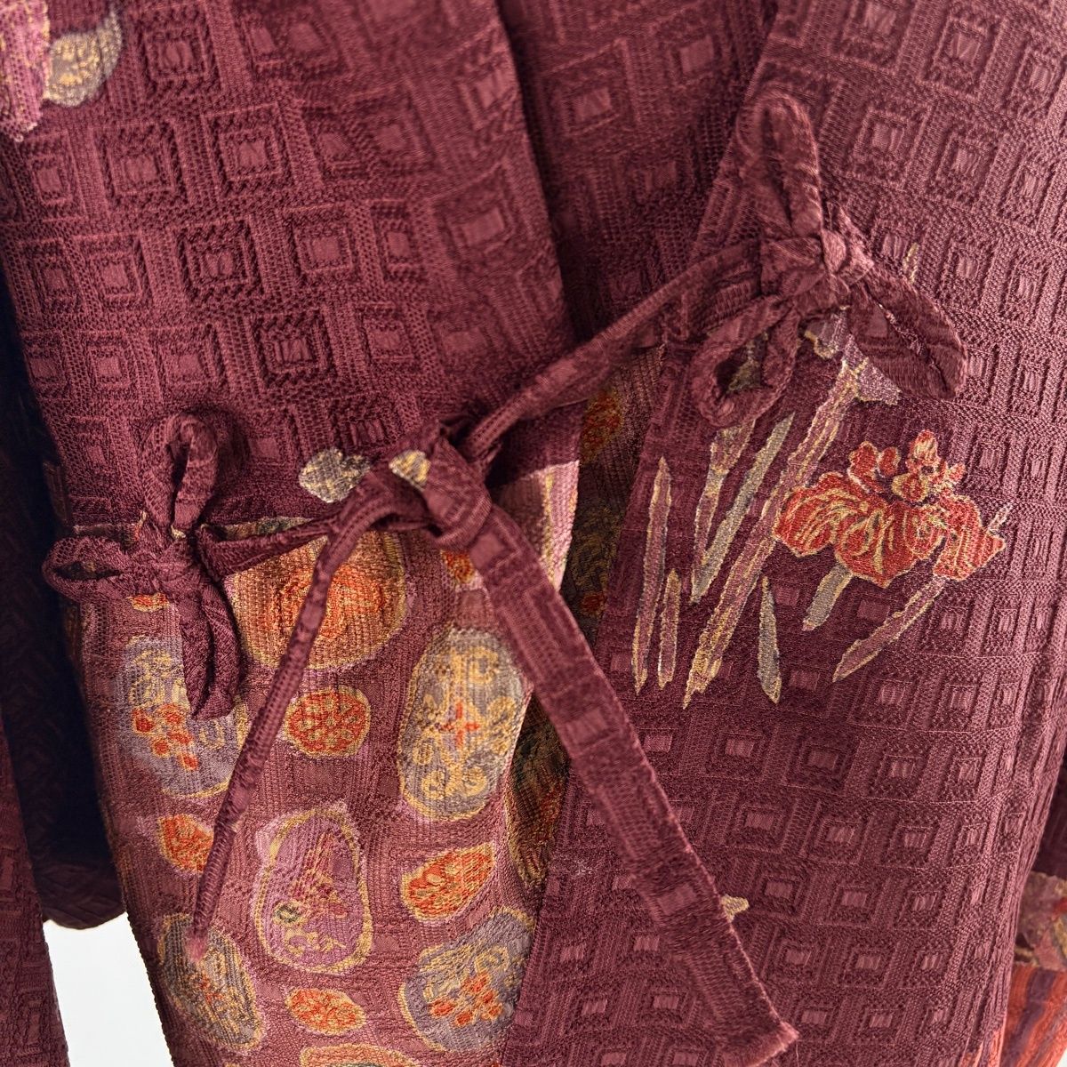  道中着 身丈87.5 cm 裄丈64.5 M 和装コート 草花 四角 茶紫 正絹 秀品 羽織 着物 浴衣