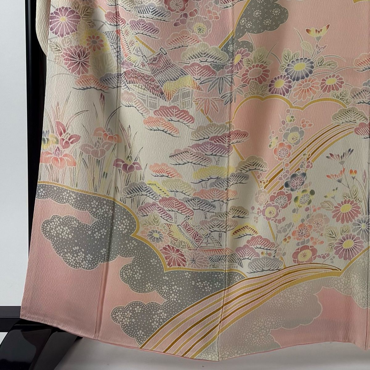 振袖 身丈161 cm 裄丈69 L 袷 松竹梅 建物 薄ピンク 正絹 秀品