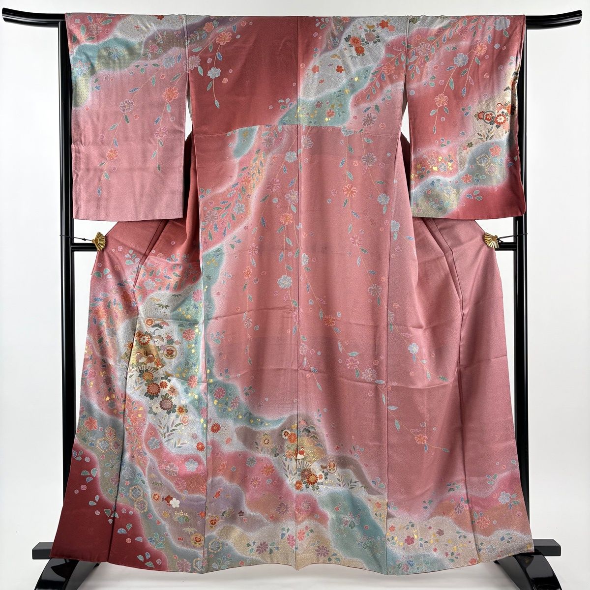 訪問着 身丈161 cm 裄丈65 M 袷 鴛鴦 松竹梅 金彩 ぼかし 濃ピンク 正絹 秀品