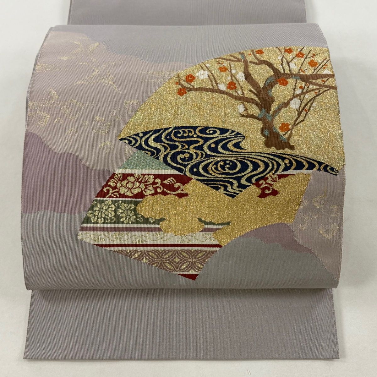  名古屋帯 落款 浅田綴 共 き 扇面 雲文 金糸 薄紫 正絹 名古屋帯 帯